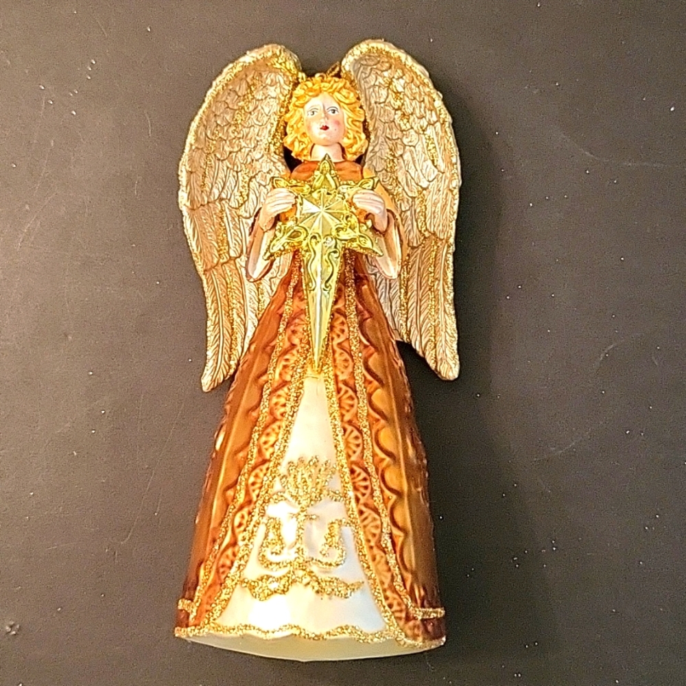 NEW Angel with Star Ornament, Gold & Cream Painted Glass, Glitter